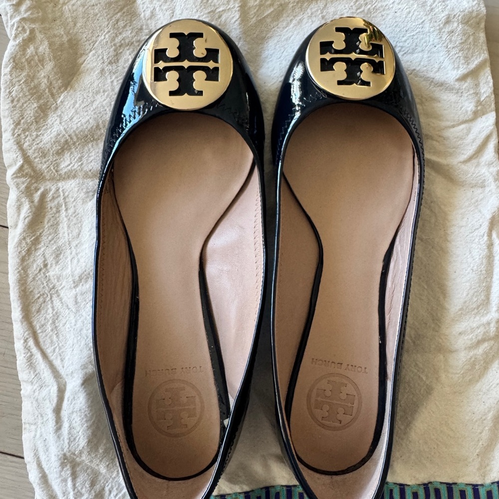 Tory Burch Dark Blue Flats with Gold Emblem